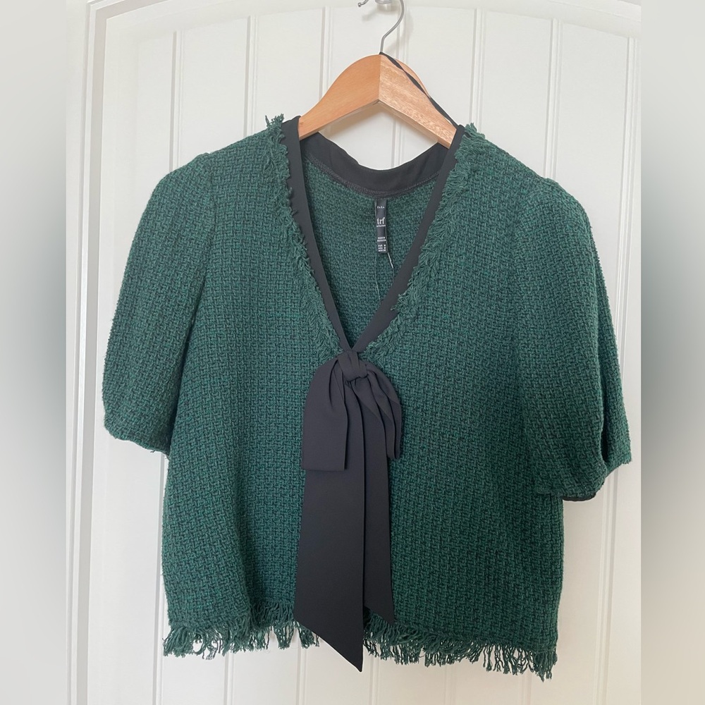 Zara Green Blouse with Black Bow Detail